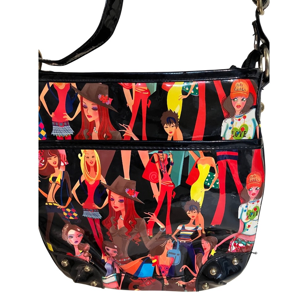 Fashion Illustration Crossbody Bag Women Small Black Multi Excellent Pop Art